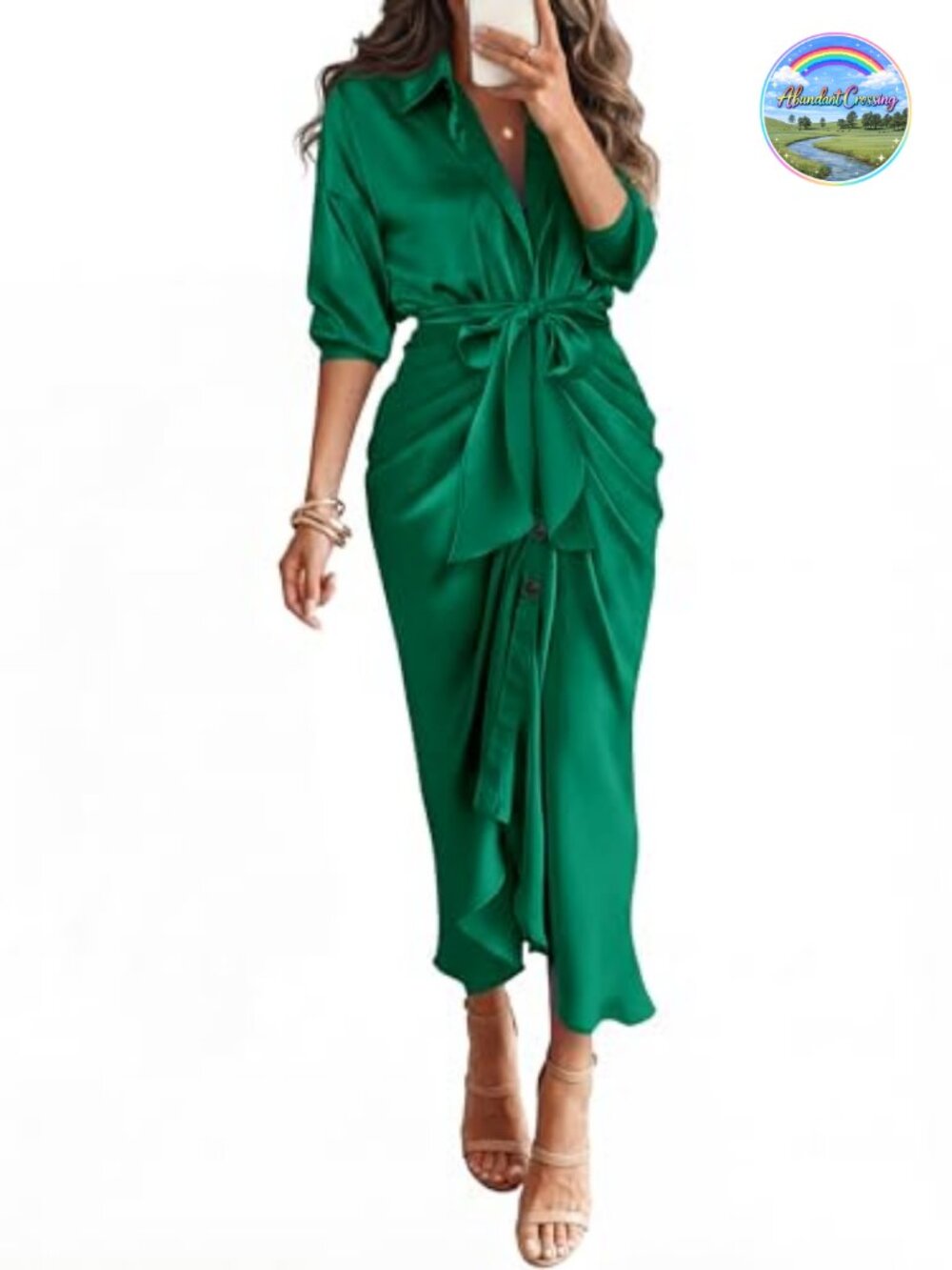 Satin Shirt Dress Maxi Long Sleeve Button Down Tie Waist Ruched with Self-Tie